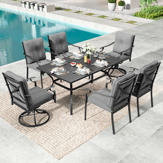 Summit Living Black 7-Piece Metal Outdoor Patio Dining Set with 2 Swivel Chairs, 4 Fixed Chairs & 60” Patio Table with Umbrella Hole for 6, Gray Cushion