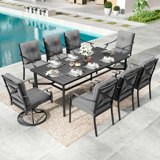 Summit Living 9-Piece Outdoor Patio Dining Set, 83" Large Patio Table and Cushioned Chairs(2 Swivel Chairs and 6 Dining Chairs), Black & Gray