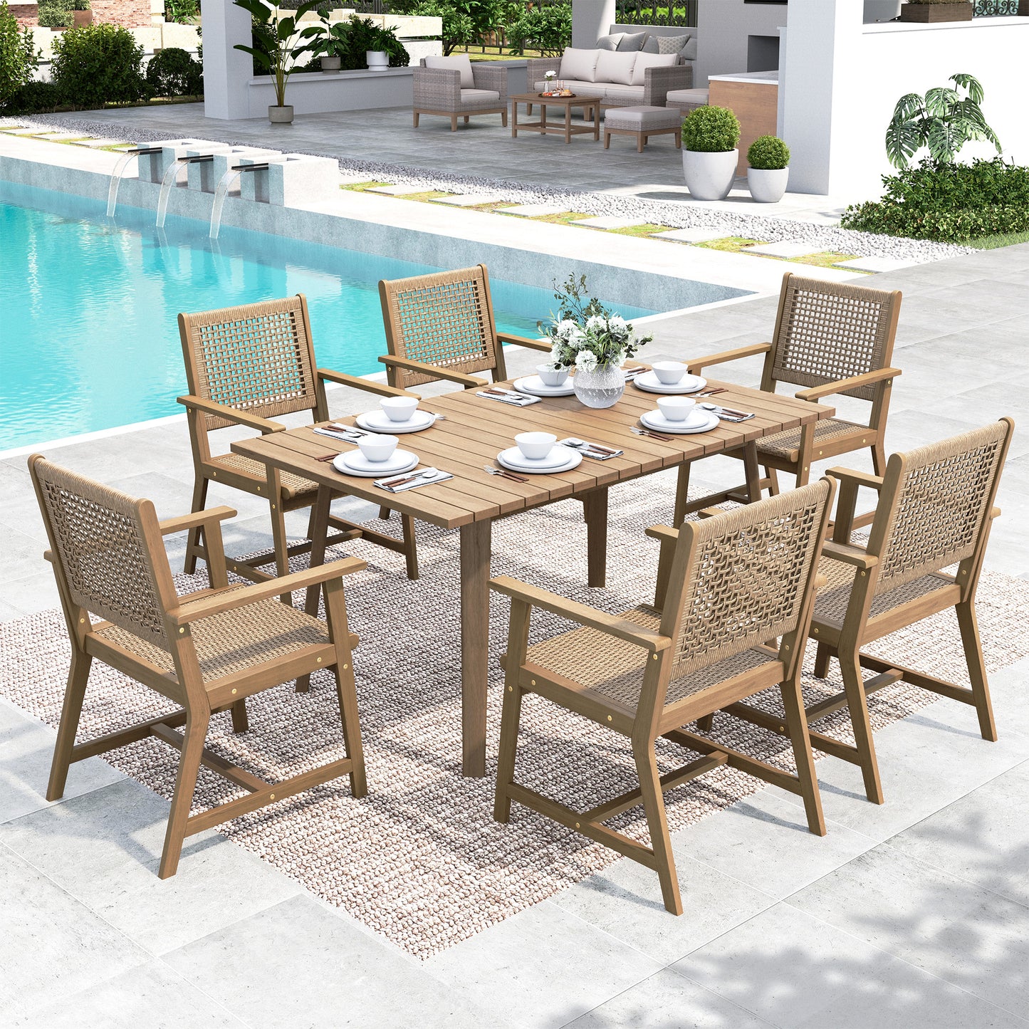 SUMMIT LIVING 7-Piece Acacia Wood Outdoor Patio Dining set with 6 Wooden Chairs with Rattan Seat & Back and Acacia Wood Table, Grey