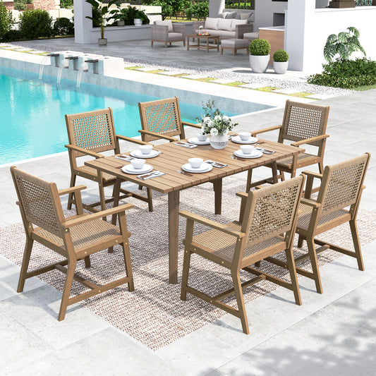 SUMMIT LIVING 7-Piece Acacia Wood Outdoor Patio Dining set with 6 Wooden Chairs with Rattan Seat & Back and Acacia Wood Table, Grey