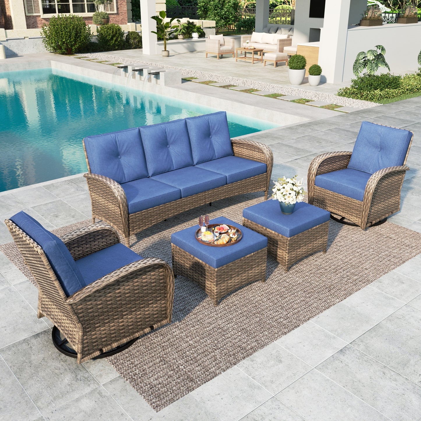 SUMMIT LIVING Outdoor Patio Furniture Set with Swivel Glider Rocking Chairs, 5-Piece Wicker Outdoor Patio Conversation Set with Swivel Rocking Chairs and Ottomans, Navy Blue