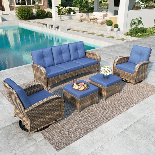SUMMIT LIVING Outdoor Patio Furniture Set with Swivel Glider Rocking Chairs, 5-Piece Wicker Outdoor Patio Conversation Set with Swivel Rocking Chairs and Ottomans, Navy Blue
