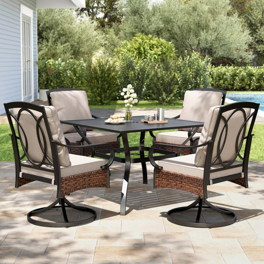 MF Studio 5-Piece Outdoor Patio Dining Furniture Set, Square Patio Table and Swivel Chairs with Cushions, Black & Beige
