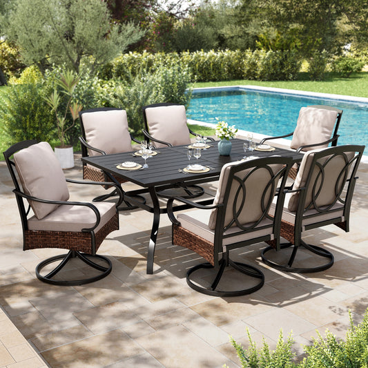 SUMMIT LIVING 7-Piece Outdoor Patio Dining Set with Swivel Cushioned Chairs & Metal Dining Table with Umbrella Hole for 6, Black & Beige