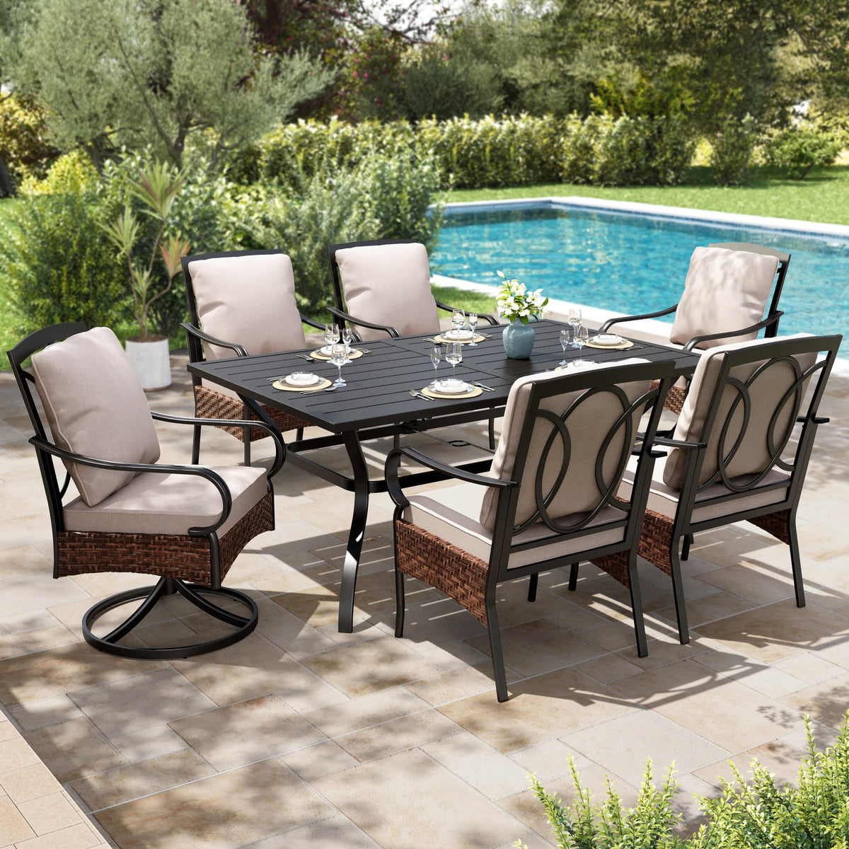 SUMMIT LIVING 7-Piece Outdoor Patio Dining Set, Swivel Wicker Chairs with Cushions & Patio Table with Umbrella Hole for 6-Person, Black & Beige
