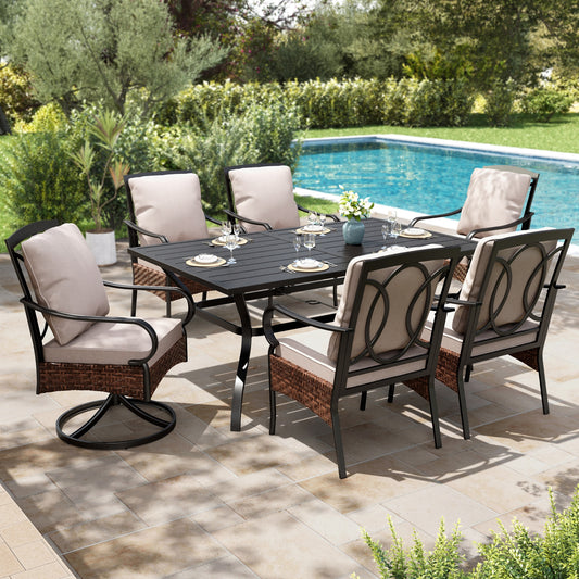 SUMMIT LIVING 7-Piece Outdoor Patio Dining Set, Swivel Wicker Chairs with Cushions & Patio Table with Umbrella Hole for 6-Person, Black & Beige