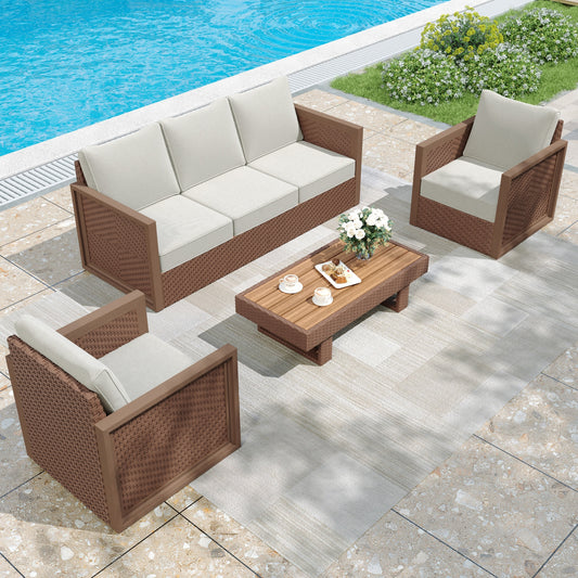 MF Studio 4-Piece HDPE Outdoor Patio Furniture Set, Wicker Outdoor Patio Conversation Set with Wood-Grain Rattan Coffee Table, Beige
