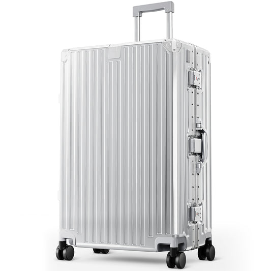 MF Studio 28 inch Checked Luggage, Lightweight PC Hardshell Zipperless Suitcase with Aluminum Frame, TSA locks, Spinner Wheels, USB Charging Port, Cup Holder, Silver Gray