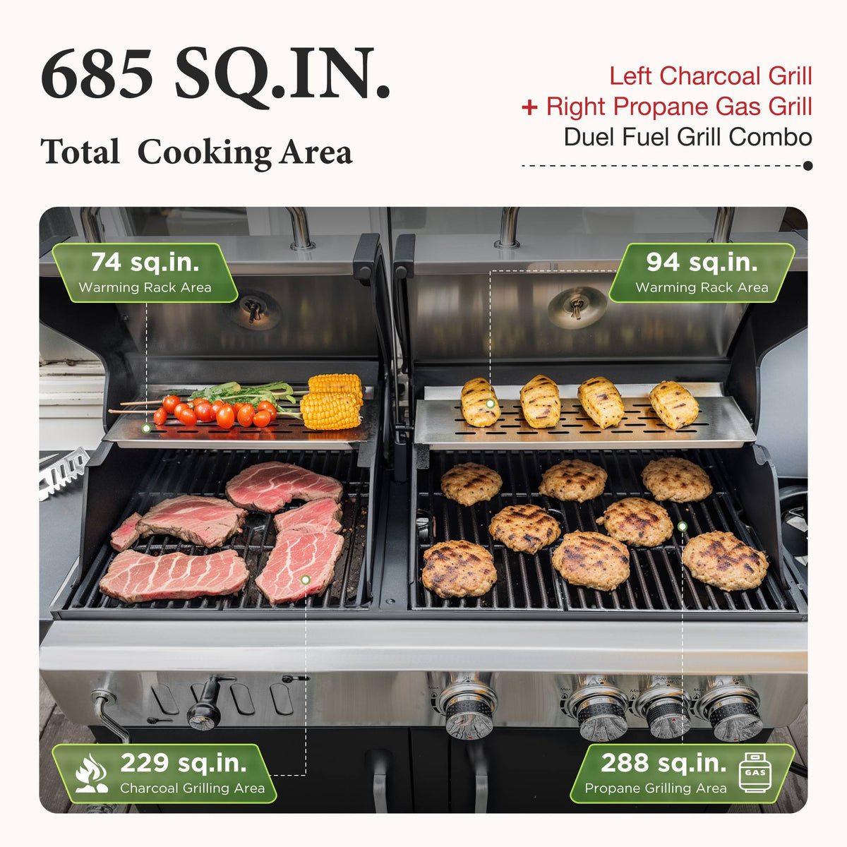 MF Studio Gas and Charcoal Grill Combo Dual Fuel 3-burner 37,000 BTU BBQ Grill with Side Burner