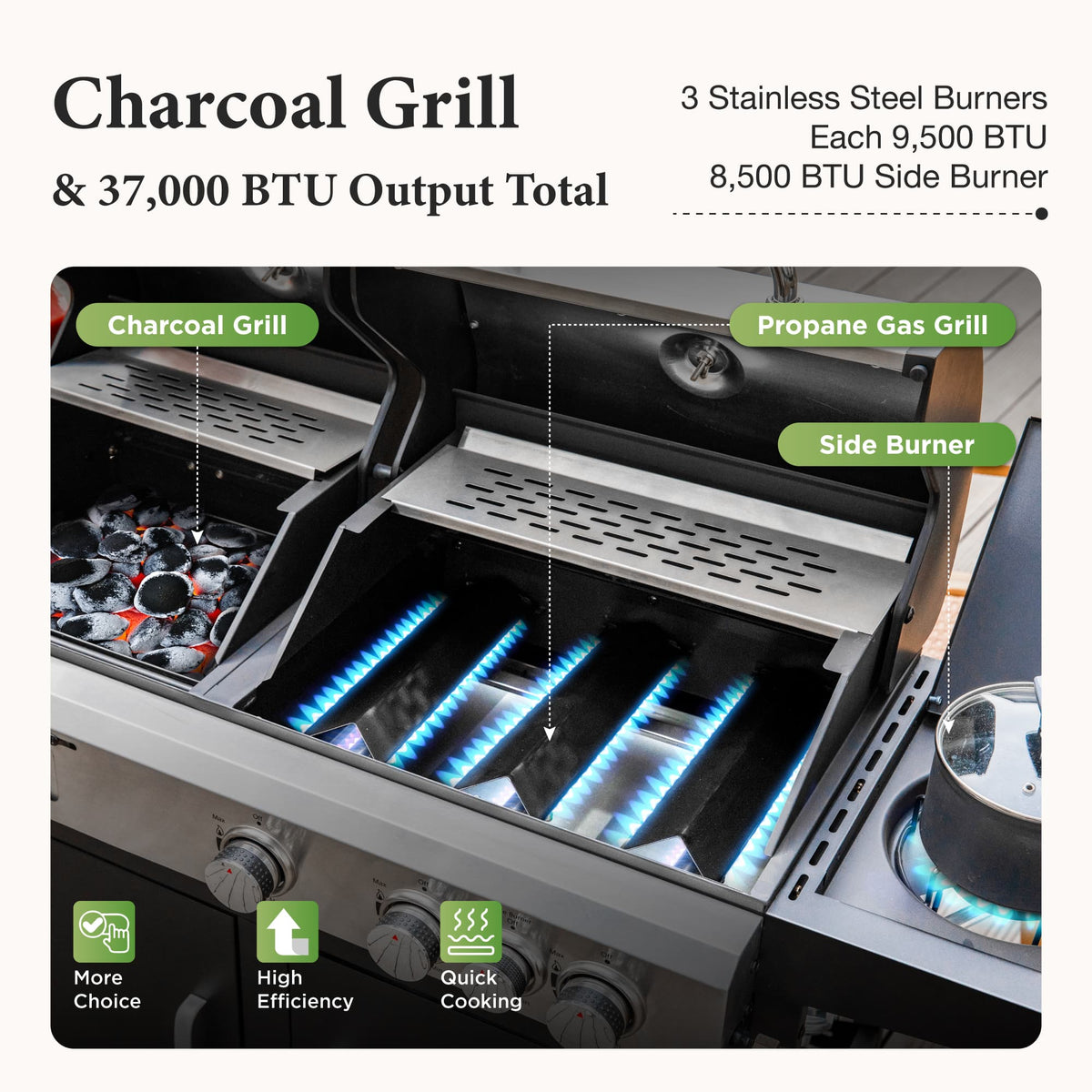 MF Studio Gas and Charcoal Grill Combo Dual Fuel 3-burner 37,000 BTU BBQ Grill with Side Burner
