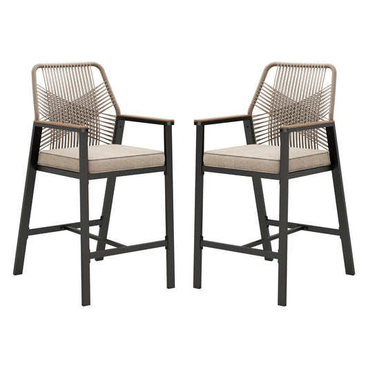 MF Studio Outdoor Bar Stool Set of 2, All-Weather Rattan Patio Counter Height Bar Chairs with Removable Cushion for Patio, Garden, Kitchen