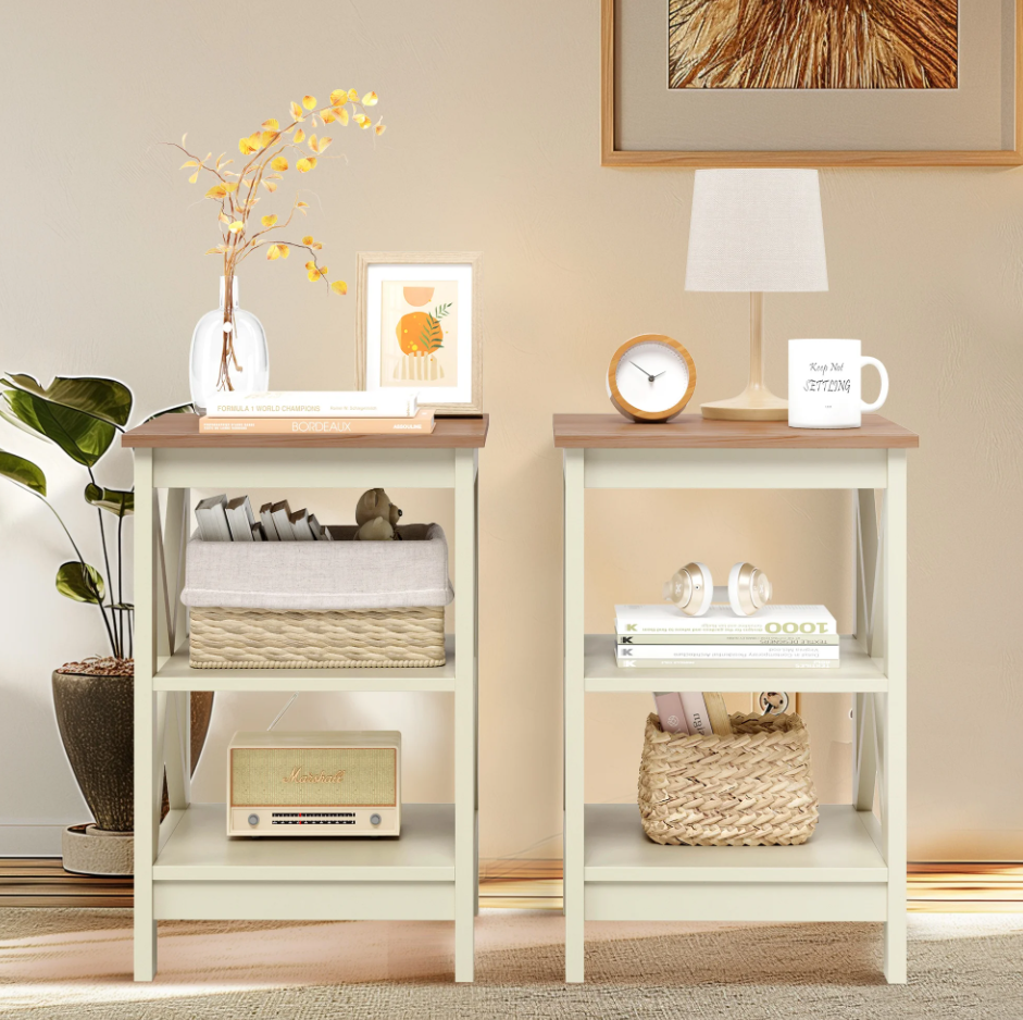 Summit Living Set of 2 3-Tier End Table Square bedside Sofa Side Table, White