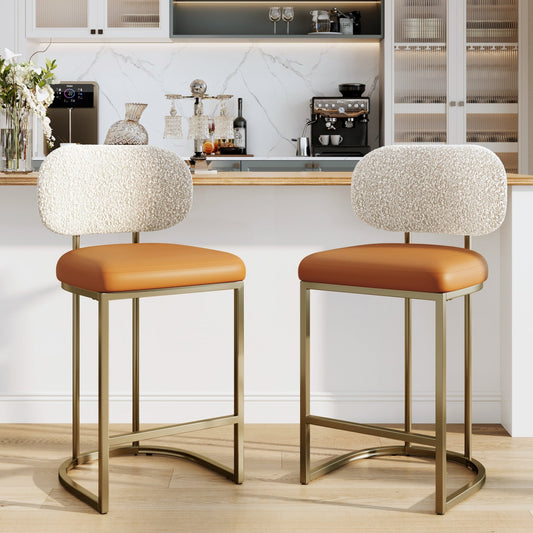 MF Studio Counter Height Bar Stool with Back Set of 2, 24.8" Modern PU Upholstered Bar Chair with Large Chenille Back and Metal Frame, Bronze