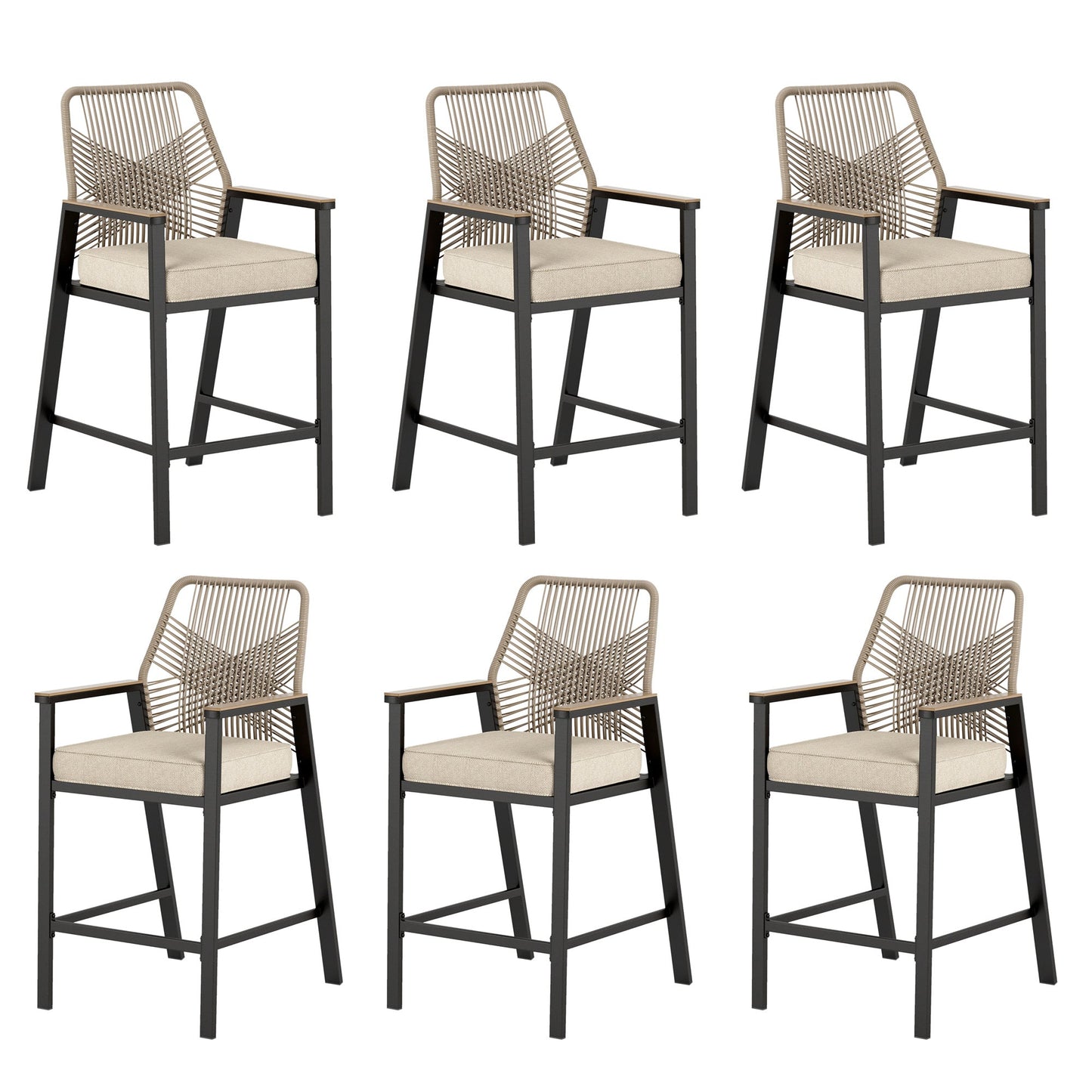 Summit Living Outdoor Bar Stool Set of 6, All-Weather Rattan Patio Counter Height Bar Chairs with Removable Cushion for Patio, Garden, Kitchen