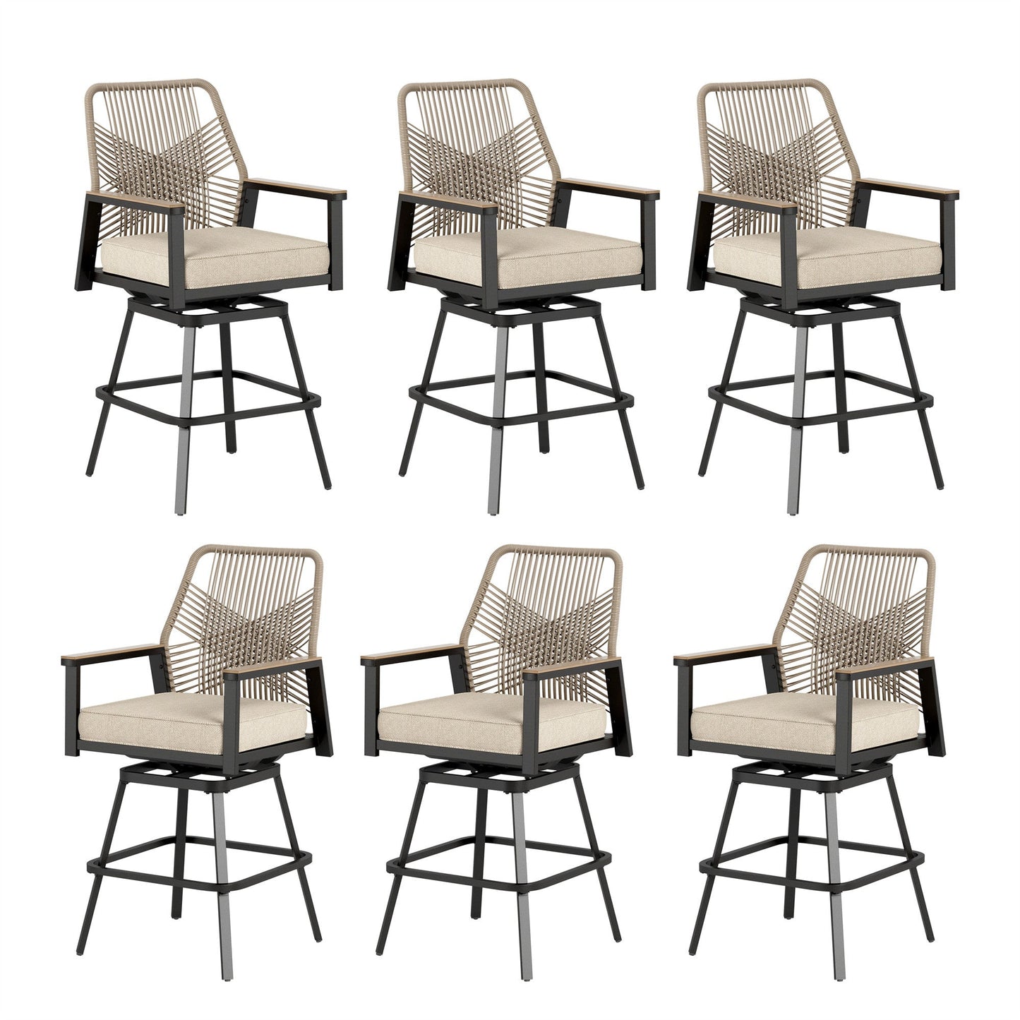 Summit Living Outdoor Bar Stool Set of 6, Swivel Counter Height Patio Chairs with Removable Cushion, All-Weather Rattan Rope Design for Patio, Garden, Kitchen