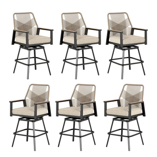 Summit Living Outdoor Bar Stool Set of 6, Swivel Counter Height Patio Chairs with Removable Cushion, All-Weather Rattan Rope Design for Patio, Garden, Kitchen