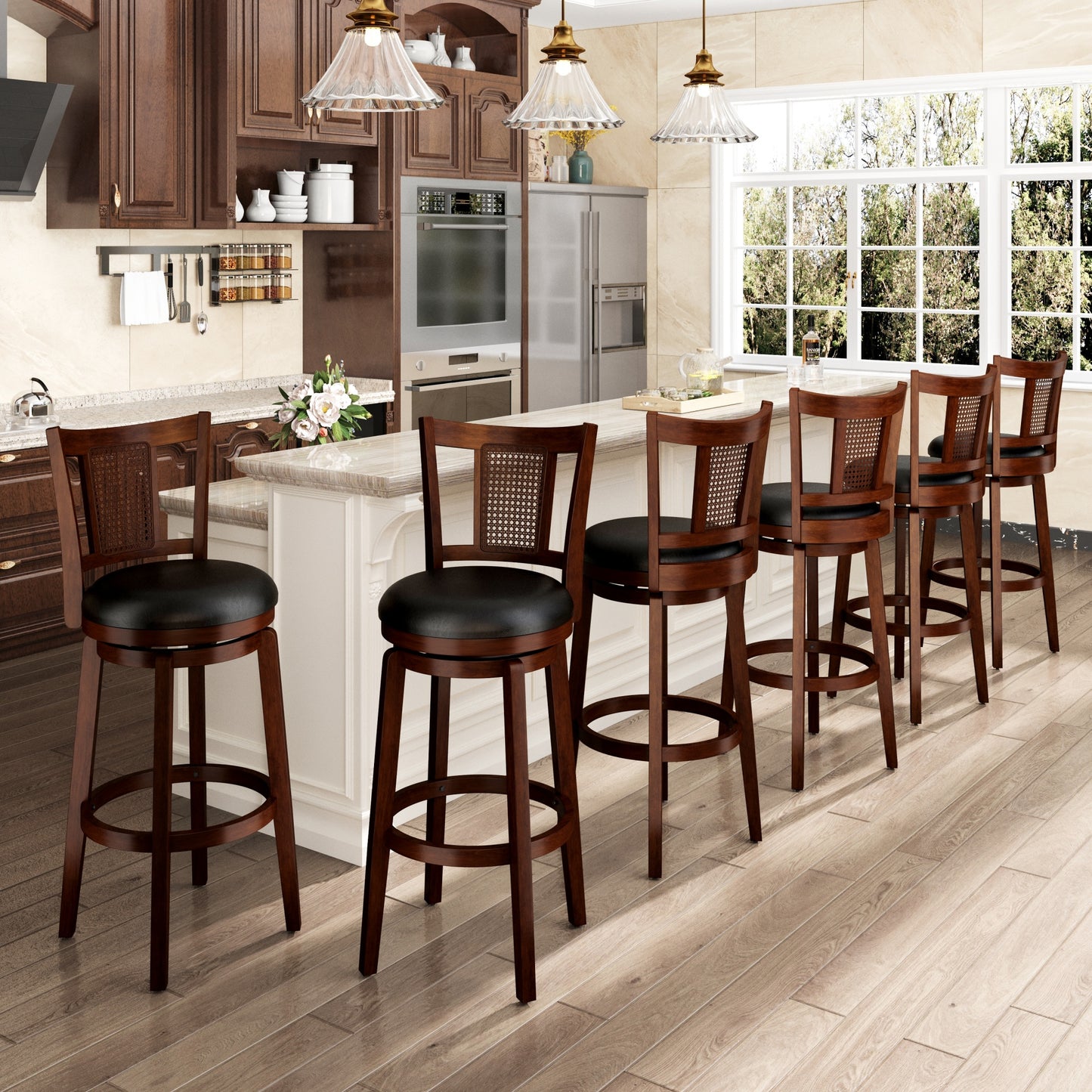 MF Studio Wood Swivel Bar Stool Set of 6, Bar Height Kitchen Stool with Back, 30 inch Upholstered Pub Chair, Dark Brown
