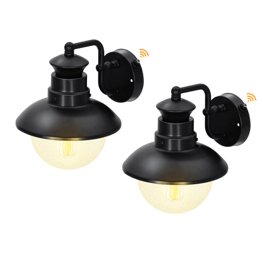 MF Studio 2-Pack Black Die-Cast Aluminum Outdoor Wall Light, Dusk to Dawn Sconce Lantern Light with E26 Bulb Base & Round Water Ripple Glass Shade for Porch, Street, Front Door, Garage