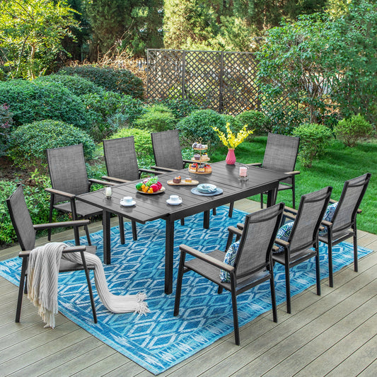 Summit Living 9-Piece Outdoor Patio Dining Set with 8 Aluminum Stackable Armchairs and 1 Metal Expandable Table, Black & Gray