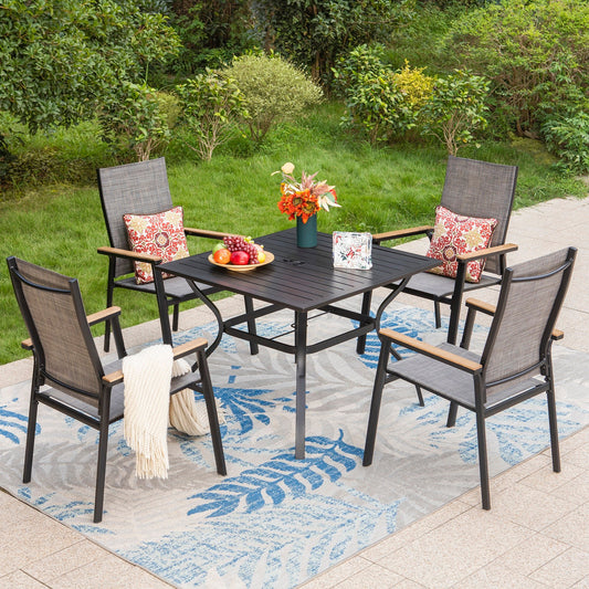 Summit Living 5 Piece Outdoor Patio Dining Set with 4 Pieces Aluminum Armchairs &1 Piece Metal Steel Table,Black&Gray
