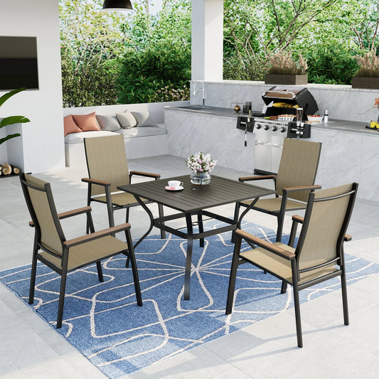 Summit Living 4 Person Outdoor Patio Dining Set with 4 Stackable Beige Aluminum Armchairs & 1 Black Metal Steel Table with Umbrella Hole