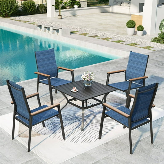 Summit Living 4-seat Outdoor Patio Dining Set with 4 Stackable Blue Aluminum Armchairs & 1 Black Metal Steel Table with Umbrella Hole