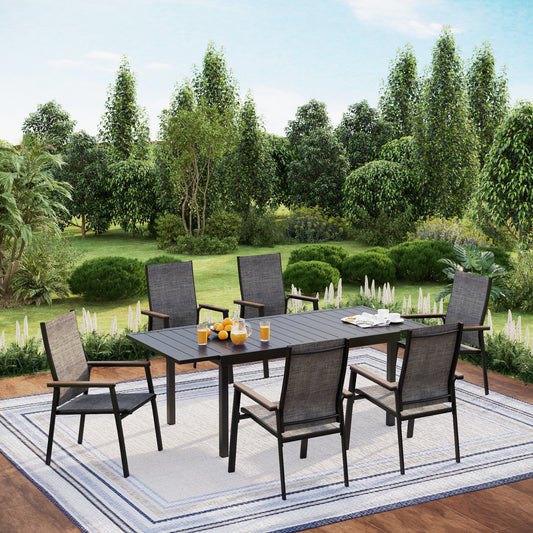 Summit Living 7 Pieces Outdoor Patio Dinning Set with Aluminum Stackable Chairs and 1 Metal Extendable Table for 6 Person,Black&Gray
