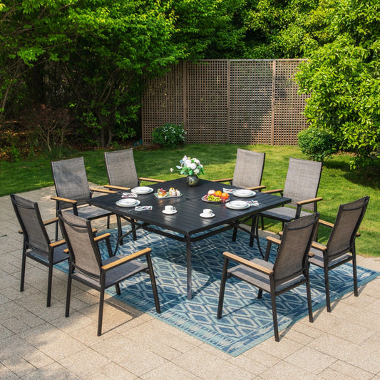 Summit Living 9 Pieces Outdoor Patio Dining Set with Aluminum Stackable Armchairs and 1 Metal Steel Table,Black&Gray