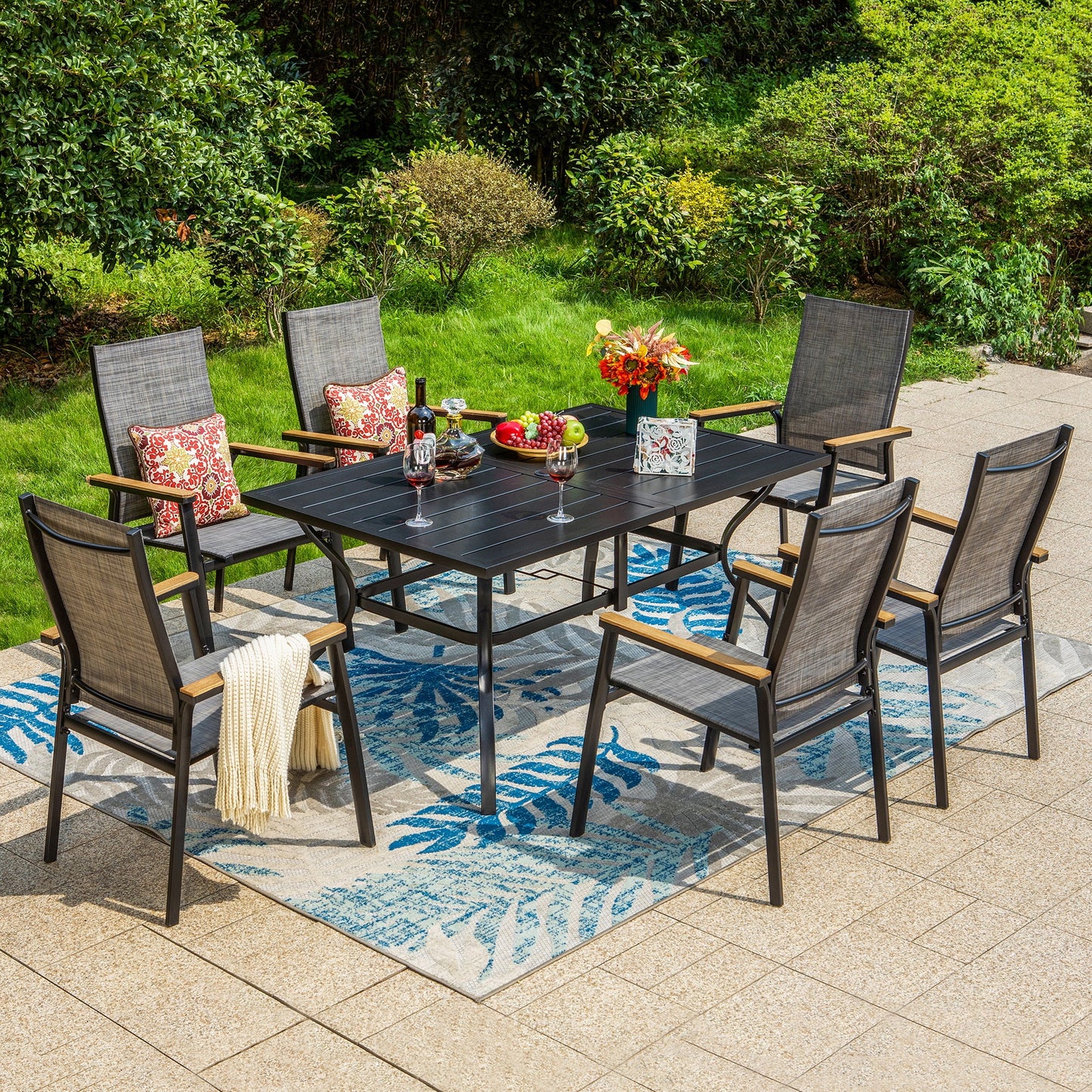 Summit Living 7 Pieces Outdoor Patio Dining Set with 6 Pieces Aluminum Stackable Armchairs & 1 Piece Metal Steel Table,Black & Gray