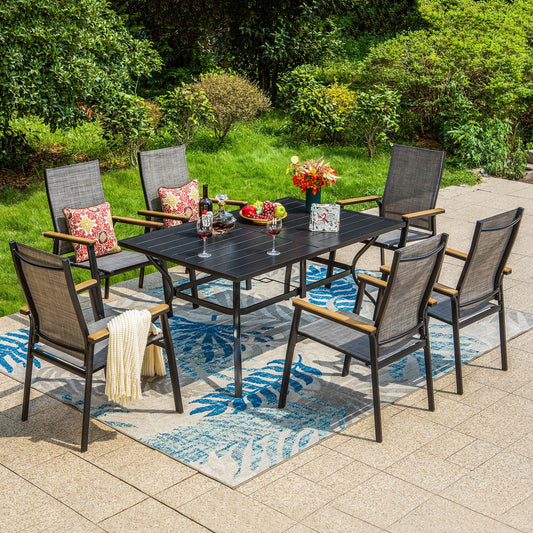 Summit Living 7 Pieces Outdoor Patio Dining Set with 6 Pieces Aluminum Stackable Armchairs & 1 Piece Metal Steel Table,Black & Gray