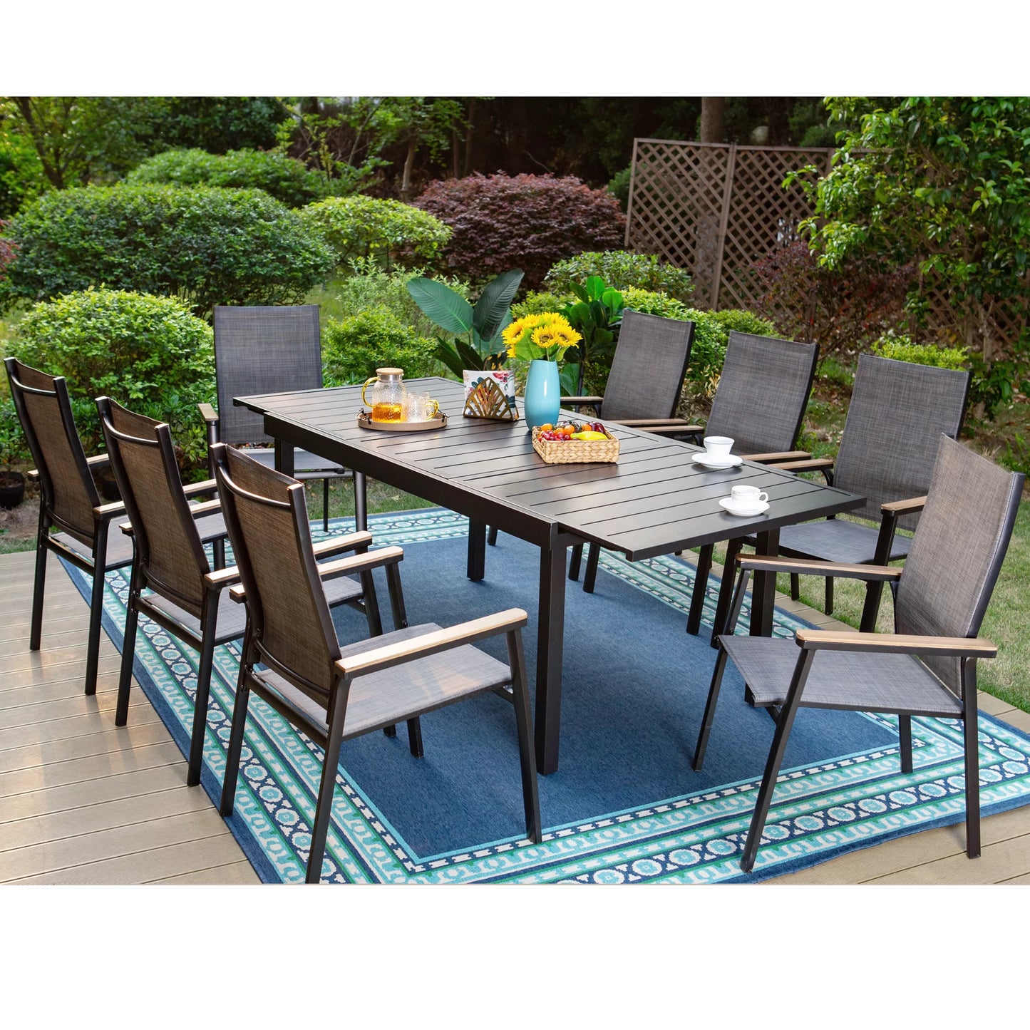 MF Studio 9-Piece Outdoor Patio Dining Set, Modern Aluminum Stackable Textilene Armchairs with Wood-like Arms & Large Extendable Patio Table, Gray & Black