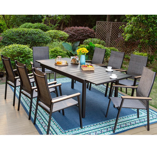 MF Studio 9-Piece Outdoor Patio Dining Set, Modern Aluminum Stackable Textilene Armchairs with Wood-like Arms & Large Extendable Patio Table, Gray & Black