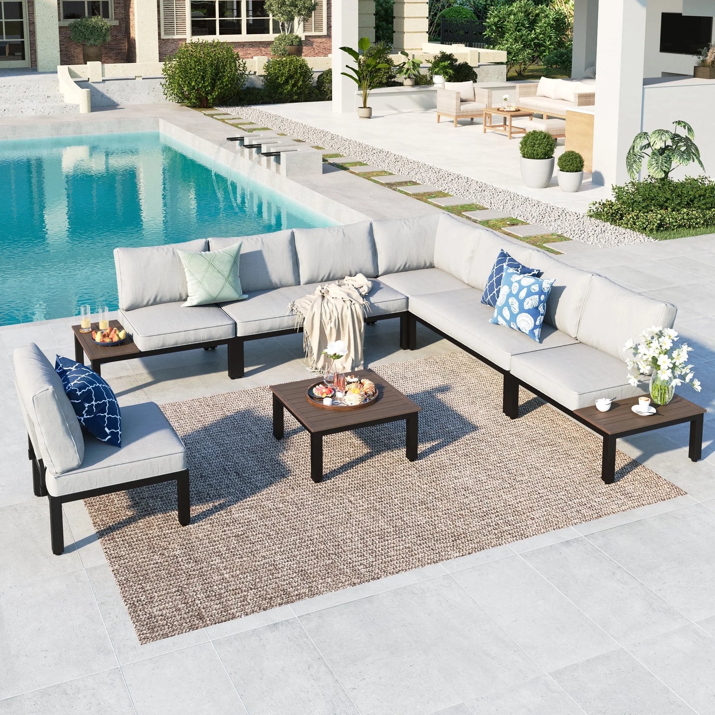 MF Studio 8 Steel Powder coated Outdoor Conversation Sets with Sofa and Coffee Table, Black/Gray