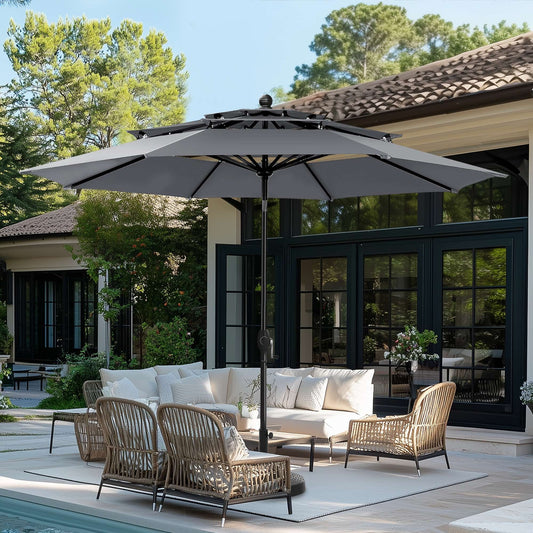 Summit Living 10ft Patio Umbrella 3-Tier Vented Outdoor Market Table Umbrella with Auto-Tilt – Smoky Gray