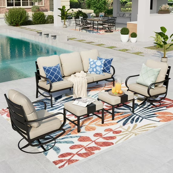 Summit Living 5 Piece Patio Conversation Set for 7 Person, Steel Sofa Outdoor Furniture Set, Beige Cushion