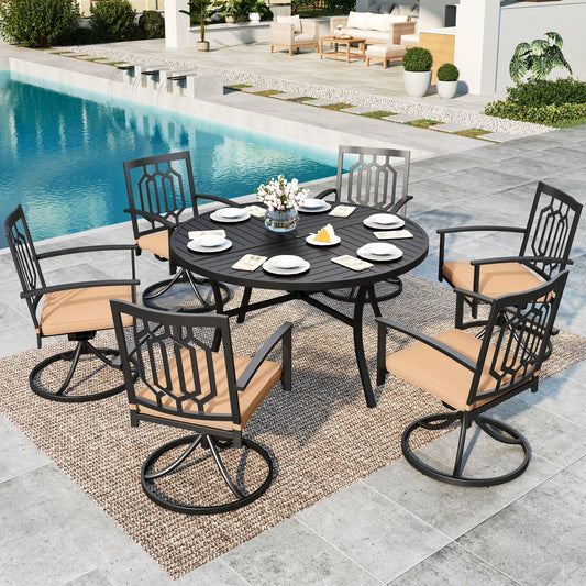 MF Studio 7-Piece Outdoor Patio Dining Set with Swivel Cushioned Chairs & Round Table for 6, Black