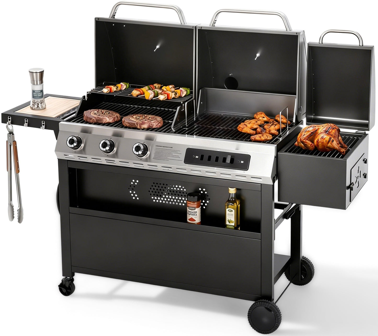 SUMMIT LIVING 3-Burner Gas and Charcoal Combo Grill with Offset Smoker Large Dual Fuel BBQ Grill for Outdoor
