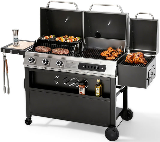 SUMMIT LIVING 3-Burner Gas and Charcoal Combo Grill with Offset Smoker Large Dual Fuel BBQ Grill for Outdoor