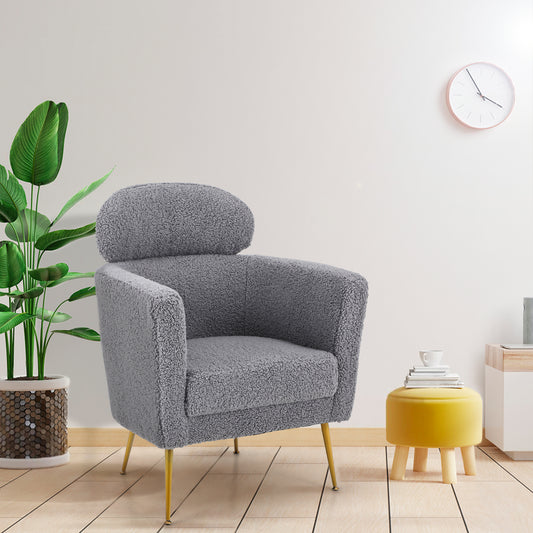 Summit Living Sherpa Accent Chair with Adjustable Headrest, Teddy Comfy Modern Armchair Single Sofa with Gold Legs for Living Room Bedroom Dorm Room Office, Grey