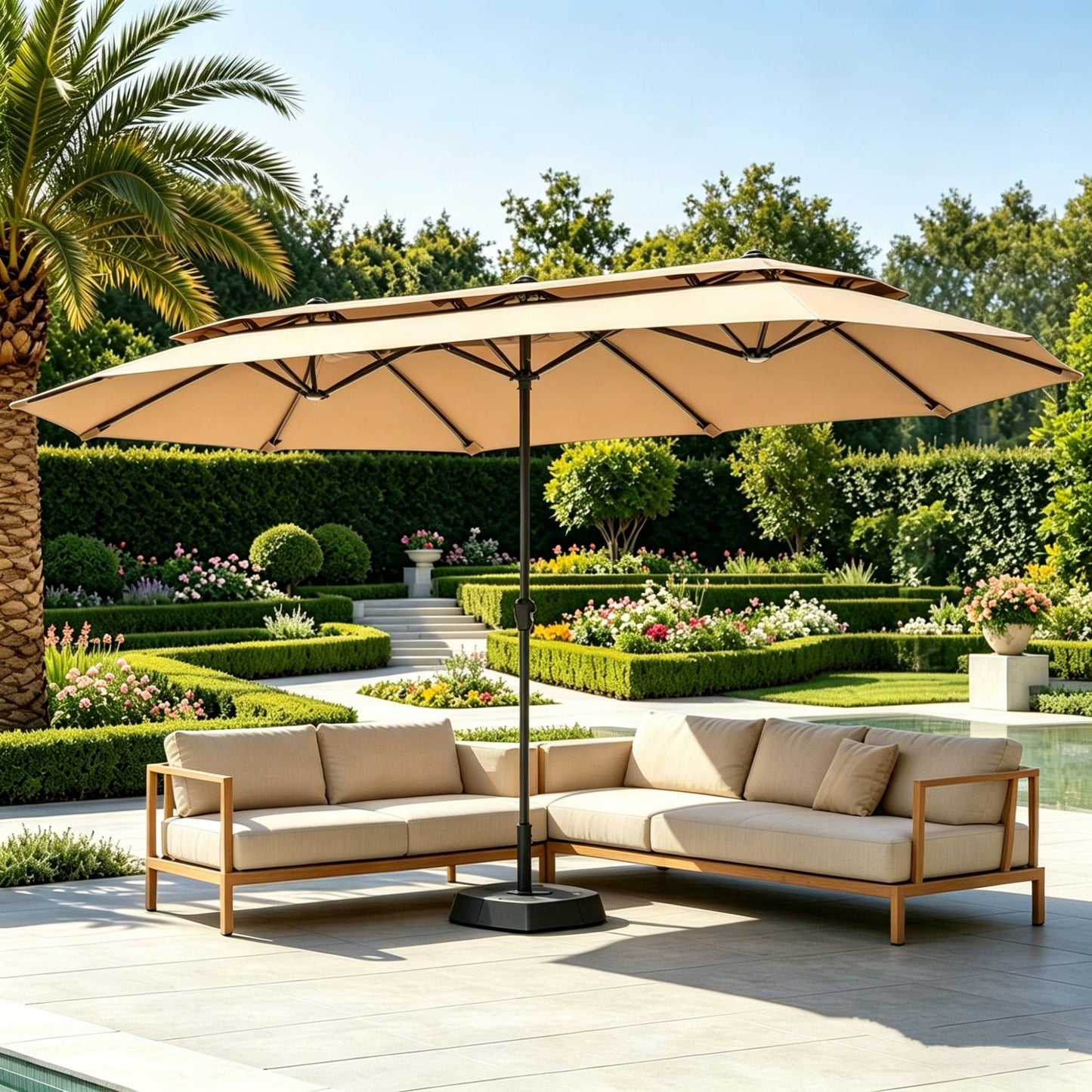 SUMMIT LIVING 13FT Patio Umbrella with Base Included - Double-Vented Rectangle Outdoor Market Umbrella for Patio - Beige