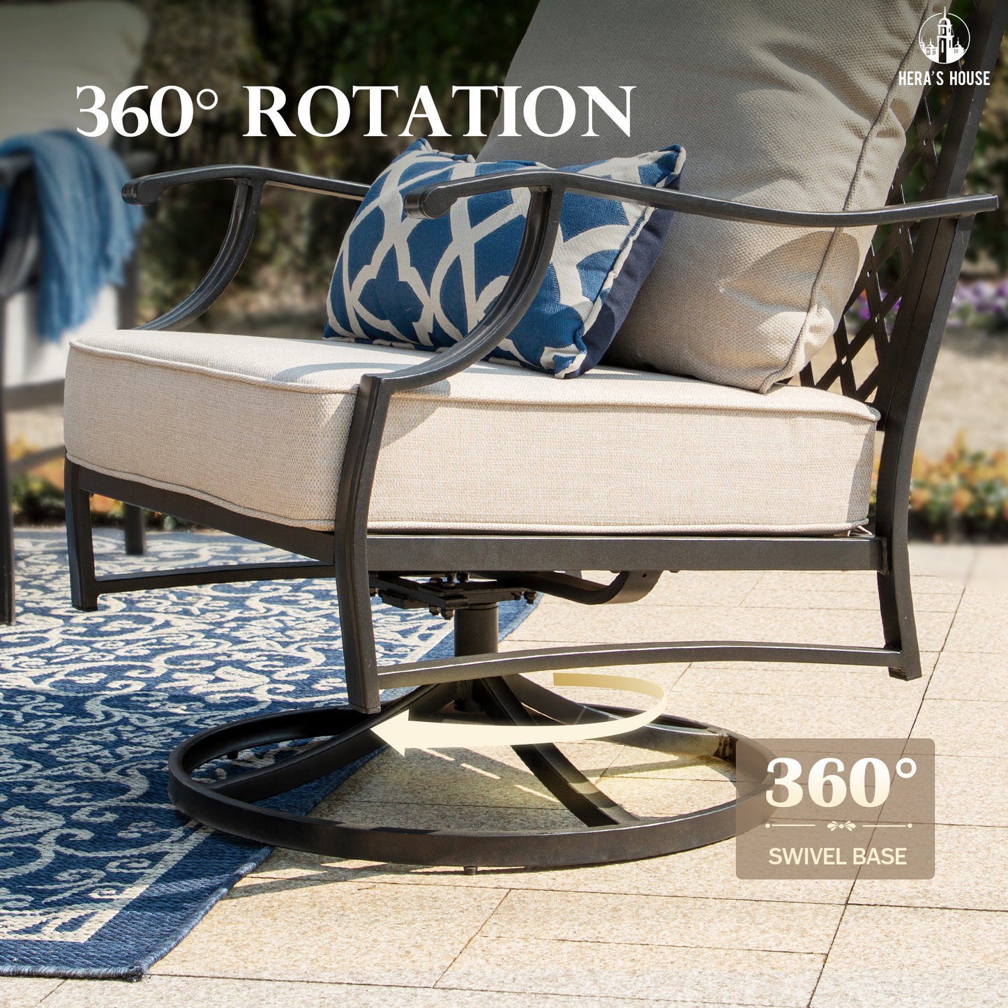 HERA'S HOUSE 6 Pieces Patio Furniture Set with Fire Pit Table, 2 x Swivel Chair, 2 x Ottoman, 3-Seat Sofa with 45" Fire Pit Table, Outdoor Conversation Set for Garden, Poolside, Backyard