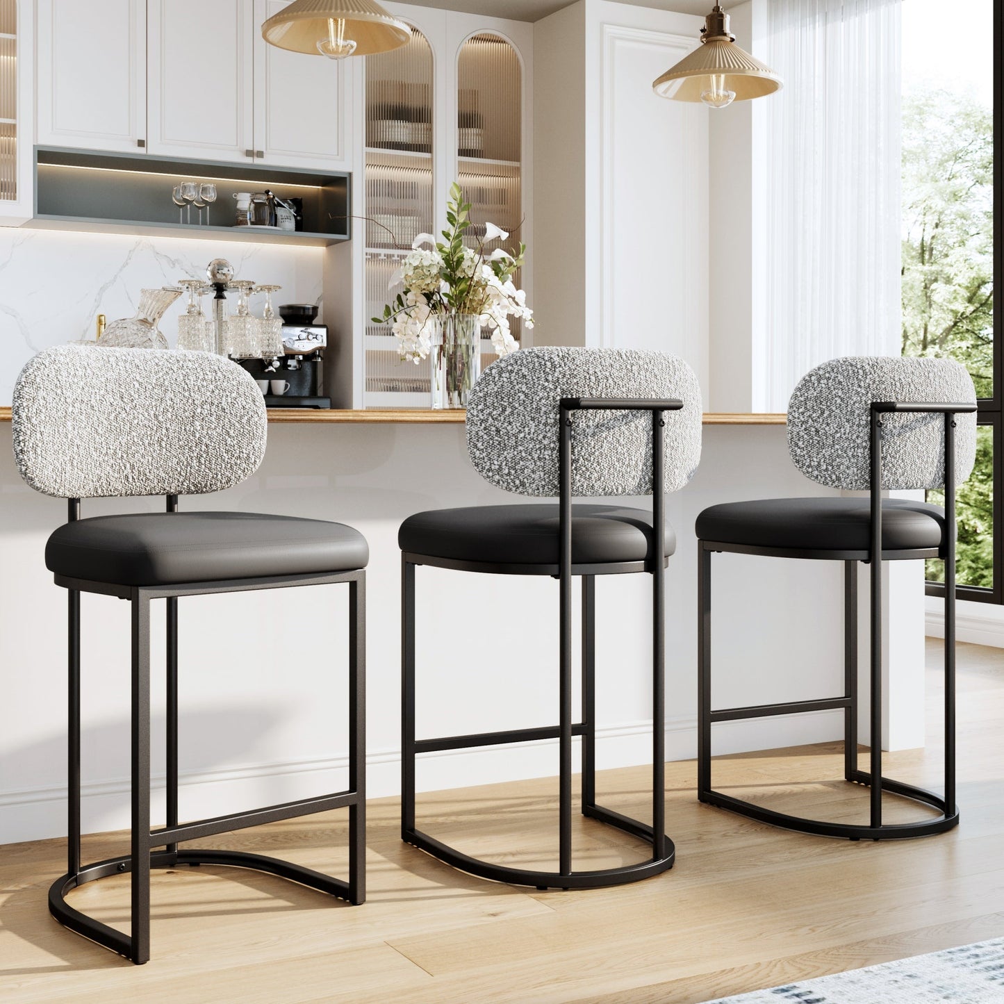 MF Studio Counter Height Bar Stool with Back Set of 3, 24.8" Modern PU Upholstered Bar Chair with Large Chenille Back and Metal Frame, Gray