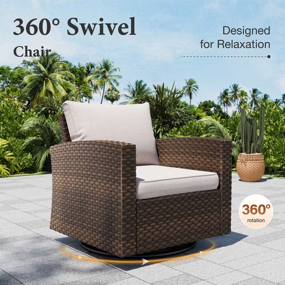 MF Studio 7-Seater Outdoor Patio Furniture Set with Swivel Chair Sofa and Fire Pit Table Wicker Patio Sectional Conversation Set Beige