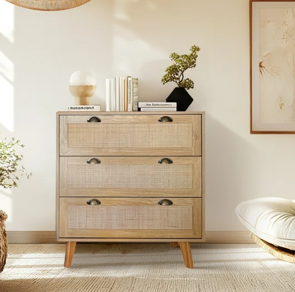Summit Living 3-Drawer Rattan Dresser Storage Cabinet and Bedside Table for Bedroom and Living room