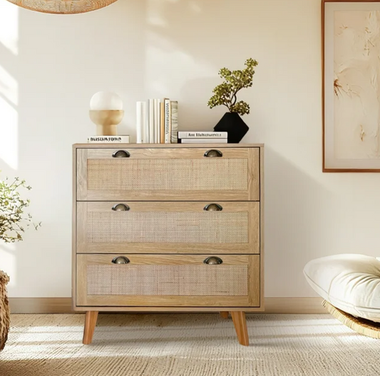 Summit Living 3-Drawer Rattan Dresser Storage Cabinet and Bedside Table for Bedroom and Living room