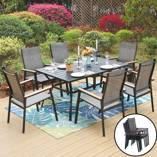 SUMMIT LIVING 7-Piece Outdoor Patio Dining Set, 60" Rectangle Patio Table with Umbrella Hole and Stackable Aluminum Textilene Armchairs, Gray
