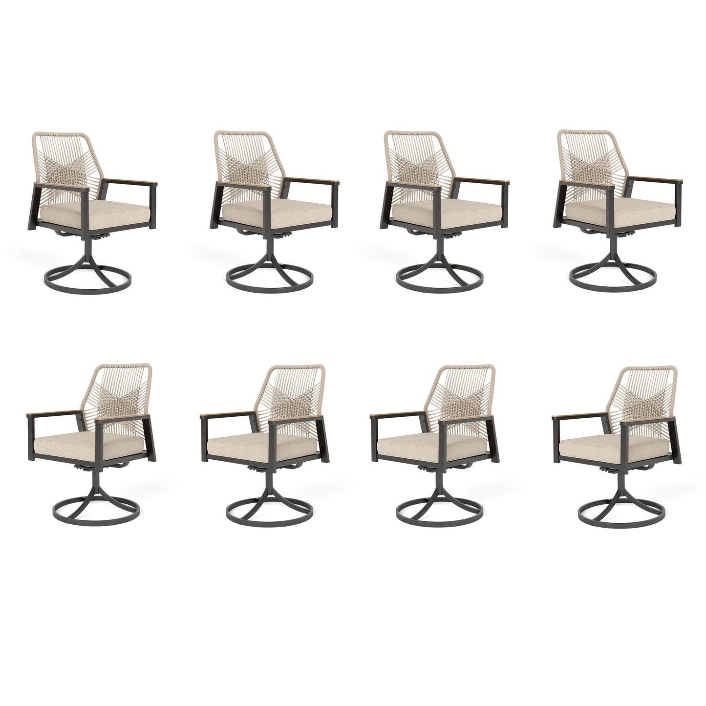 MF Studio Patio Dining Chairs Set of 8 , Outdoor Swivel All-Weather Rattan Rope Chairs with Cushions and Wood-Grain Armrests, Black and Beige