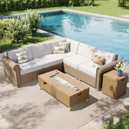 SUMMIT LIVING 5-Seat Wicker Outdoor Patio Furniture Set with 42" Fire Pit Table, Outdoor Patio Sectional Set with 2 in 1 50000 BTU Propane Fire Pit Table with Hidden Tank Table