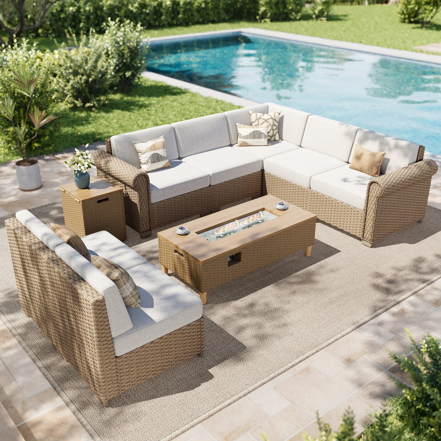 SUMMIT LIVING 7-Seat Wicker Outdoor Patio Furniture Set with 42" Fire Pit Table, Outdoor Patio Sectional Set with 2 in 1 50000 BTU Propane Fire Pit Table with Hidden Tank Table