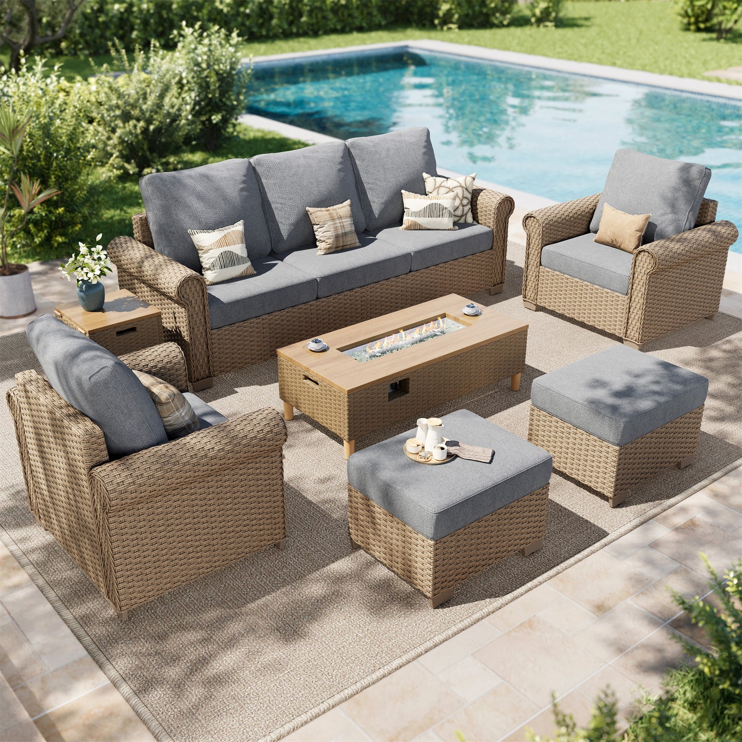 SUMMIT LIVING All-Weather Wicker Patio Furniture Set With 42" Fire Pit Table, 7-Piece Outdoor Patio Conversation Set with 2 Ottomans, Gray